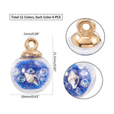 Transparent Glass Globe Pendants, with Resin & Resin Rhinestone & Conch Shell & Glass Micro Beads inside, Plastic CCB Pendant Bails, Round, Golden, Mixed Color, 21.5x16mm, Hole: 2mm, 11 Colors, 6pcs/color, 66pcs/box