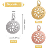 30Pcs 3 Colors 304 Stainless Steel Pendants, Flat Round with Sun, Mixed Color, 14x12x1.1mm, Hole: 3mm, 10pcs/color