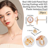 20Pcs Brass Stud Earring Findings, with ABS Plastic Imitation Pearl, 925 Sterling Silver Pins & Horizontal Loops, Half Round, with 20Pcs Brass Ear Nuts, Golden, 12.5x10mm, Hole: 1.8mm, Pin: 0.8mm
