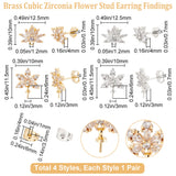 4 Pairs 4 Style Brass Cubic Zirconia Flower Stud Earring Findings, with Cup Pearl Peg Bails & Horizontal Loops & 8Pcs Ear Nuts, Platinum & Golden, 15mm, Pin: 0.7mm, 1 Pair/style