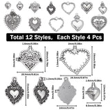 48Pcs 12 Style Tibetan Style Alloy Pendants Sets, Heart, Antique Silver, 21~29.5x11~22x2~3mm, Hole: 1.2~2mm, 4pcs/style