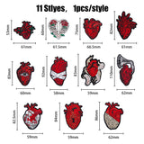 Computerized Embroidery Cloth Iron On Patches, Stick On Patch, Costume Accessories, Appliques, Realistic Heart, Dark Red, 53~110x58~66.5x1.3~1.8mm, 11pcs/set