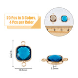 20Pcs 5 Colors Transparent K9 Glass Connector Charms, with Light Gold Plated Brass Findings, Faceted, Square Links, Mixed Color, 16.5x10.5x5.5mm, 4pcs/color