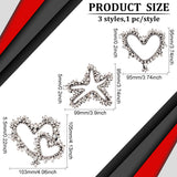 3Pcs 3 Style Felt Ornament Accessories, Glass Rhinestone Beaded Applique Patch, Sewing Craft Decoration, Heart & Star, Mixed Shapes, 95x95~99x5mm, 1pc/style