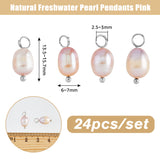 24Pcs Natural Freshwater Pearl Pendants, Rice Charms, with Platinum Plated Brass Loops, Pink, 13.5~15.7x6~7mm, Hole: 2.5~3mm