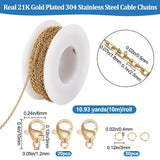 DIY Chain Bracelet Necklace Making Kit, Including Vacuum Plating 304 Stainless Steel Cable Chains & Clasps, Brass Jump Rings, Real 18K Gold Plated, Chain: 10M/set