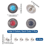 21 Sets 3 Colors Alloy Buttons, with Synthetic Turquoise and Iron Screws, for Purse, Bags, Leather Crafts Decoration, Flat Round, Mixed Color, 20mm, 7 sets/color