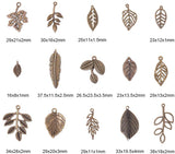 Tibetan Style Alloy Pendants, Leaf, Antique Bronze, 16~38x8~28x1~4mm, Hole: 1~2.5mm, Packaging Box: 14x10.8x3cm