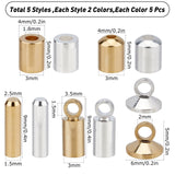 50Pcs 5 Style Brass Cord Ends, End Caps, Long-Lasting Plated, Mix Shaped, Platinum & Golden, 5~9x2.5~5mm, Hole: 1.5~2mm, 10pcs/style