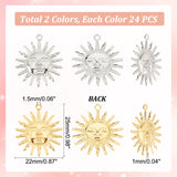 48Pcs 2 Colors Brass Pendants, Sun, Platinum & Golden, 25x22x1mm, Hole: 1.5mm, 24pcs/color