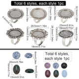 DIY Gemstone Finger Ring Making Kit, Including Flat Round & Oval & Flower Adjustable Alloy Ring Settings, Natural & Synthetic Mixed Stone Cabochons, Antique Silver, 12Pcs/bag