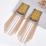 Fashionable Tassel Epaulettes, Tube Beaded Shoulder Badge, with Iron Chains, Glass Rhinestone, Plastic, Cloth Findings, Golden, 265x62x10mm
