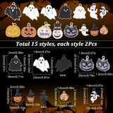 30Pcs 15 Style Alloy Enamel Pendants, for Halloween, Ghost & Pumpkin, Mixed Color, 12.5~26.5x12~23x1.2~3mm, Hole: 1.5~2mm, 2pcs/style
