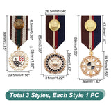 3Pcs 3 Style Sun & Shield & Leaf Retro British Preppy Style Alloy with Iron Pendant Lapel Pins, Polyester Brooch Medal for Men, Mixed Color, 80~89mm, 1Pc/style