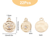 Alloy Charms, with Crystal Rhinestone, Texured, Flat Round with Evil Eye, Real 18K Gold Plated, 14.5x12x3mm, Hole: 1.5mm, 22pcs/box