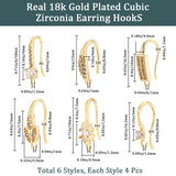 12 Pairs 6 Style Brass Micro Pave Clear Cubic Zirconia Earring Hooks, Ear Wire, with Horizontal Loops, Leaf & Rectangle, Real 18K Gold Plated, 15~18mm, Hole: 1~1.2mm, Pin: 0.8~1.2mm, 2 Pairs/style