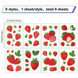 8 Sheets 8 Styles PVC Waterproof Wall Stickers, Self-Adhesive Decals, for Window or Stairway Home Decoration, Strawberry, 200x145mm, about 1 sheets/style