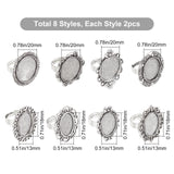 16Pcs 8 Style Adjustable Iron Finger Ring Components Alloy Cabochon Bezel Settings, Mixed Shapes, Antique Silver, 2pcs/style
