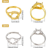 4Pcs 2 Style Adjustable Brass Finger Ring Components, 4 Claw Prong Ring Settings, with Clear Cubic Zirconia, Golden & Stainless Steel Color, Tray: 9.5~10x8mm, Inner Diameter: 17mm, 2pcs/style