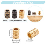 6Pcs 3 Colors Groove Column Shaped Brass Beads, for EDC Knife String Pendant Parachute String Tool, Mixed Color, 14x10mm, Hole: 6mm, 2pcs/color