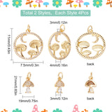 8Pcs 2 Style Autumn Theme Brass Micro Pave Clear Cubic Zirconia Pendants, with Jump Rings, Long-Lasting Plated, Flat Round and Mushroom, Real 18K Gold Plated, 11~21x7.5~19x3~4mm, Hole: 3~3.5mm, 4pcs/style