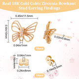 10Pcs Brass Cubic Zirconia Bowknot Stud Earring Findings, with Horizontal Loops & 10Pcs Friction Ear Nuts, Real 18K Gold Plated, 10x11.5mm, Hole: 1mm, Pin: 0.8mm