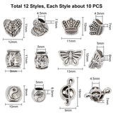 Tibetan Style Alloy European Beads, Large Hole Beads, Lead Free, Mixed Shapes, Antique Silver, 120pcs/box