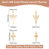 12Pcs 2 Style 304 Stainless Steel Pendant,  Hollow Charms, Sword & Flower, Real 18K Gold Plated, 33.5~47x17~25x1.5mm, Hole: 1.4~1.5mm, 6pcs/style