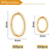 600Pcs 2 Style Brass Open Jump Rings, Long-Lasting Plated, Golden, 300pcs/style