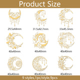 Nickel Decoration Stickers, Metal Resin Filler, Epoxy Resin & UV Resin Craft Filling Material, Golden, Flower, Moon, 40x40mm, 9 style, 1pc/style, 9pcs/set