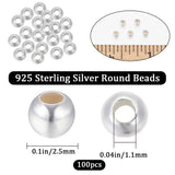 Round 925 Sterling Silver Beads, Silver, 2.5mm, Hole: 1.1mm, 100Pcs/box