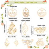 16Pcs 8 Style 201 Stainless Steel Pendants, Laser Cut, Mushroom & Beetle & Butterfly, Golden, 18~45x18~36x1mm, Hole: 1.5~1.6mm, 2pcs/style