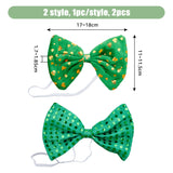 2Pcs 2 Style Cloth & Paillette Elastic Bowknot Ties, Costume Ornament Accessories, Polka Dot/Clover Pattern, for Saint Patrick's Day, Green, 170~180x110~115x17~18.5mm, 1pc/style