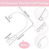 80Pcs 316 Stainless Steel Ear Cuff Findings, Climber Around Non Piercing Earring Findings with 4 Loops, Stainless Steel Color, 55x36x0.5mm, Hole: 4mm
