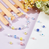 40Pcs 10 Colors Handmade Porcelain Ceramic Beads Strands, Bright Glazed Porcelain, Cube & Flat Round with Evil Eye, Mixed Color, 40pcs/box