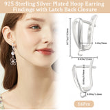 16Pcs Brass Hoop Earring Findings, Latch Back Closure, with Horizontal Loops, Teardrop, Cadmium Free & Lead Free, Long-Lasting Plated, 925 Sterling Silver Plated, 19 Gauge, 19.5x11x5mm, Hole: 1.2mm, Pin: 0.9mm
