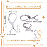 40Pcs 2 Colors 304 Stainless Steel Leverback Earring Findings, Ear Wire with Pinch Bails, Golden & Stainless Steel Color, 23.5x12x2.5mm, Pin: 0.8mm and 0.6mm, 20Pcs/color