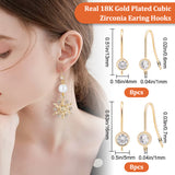 16Pcs 2 Size Brass Micro Clear Cubic Zirconia Earring Hooks, with Horizontal Loops, Real 18K Gold Plated, 13~16x5mm, Hole: 1mm, Pin: 0.6~0.7mm, 8Pcs/size
