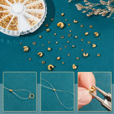 Jewelry Making Findings Kits, Including Brass Crimp Beads, Brass & Iron Crimp Beads Covers, Mixed Shapes, Golden, Crimp Beads: 1.5~3x1.5~3mm, Hole: 1~2.5mm, about 1515pcs, Beads Covers: 3~6x3~6x2.5mm, Hole: 1~1.8mm, about 76pcs
