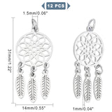 12Pcs 304 Stainless Steel Pendants, Woven Net/Web with Feather, Stainless Steel Color, 31x14x1mm, Hole: 1.5mm