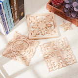 Natural Solid Wood Carved Onlay Applique Craft, Unpainted Onlay Furniture Home Decoration, Square with Flower, BurlyWood, 150x150x10mm