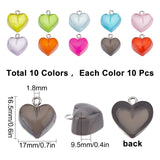 100Pcs 10 Colors Valentine's Day Transparent Resin Pendants, with Platinum Tone Iron Loops, Heart, Mixed Color, 16.5x17x9.5mm, Hole: 1.8mm, 10pcs/color