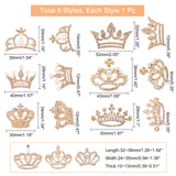 9Pcs 9 Styles Crystal Rhinestone Crown Brooches, Exquisite Alloy Rhinestone Lapel Pins for Shirts Dresses, Light Gold, 24~36x34~52x9~14mm, 1pc/style