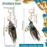 3Pcs 3 Colors Peacock Enamel Style Alloy Rhinestone Pendant Keychains, with Peacock Feather, for Car Bag Accessories, Mixed Color, 17cm, 1pc/color