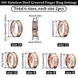 12Pcs 6 Size 304 Stainless Steel Grooved Finger Ring Settings, Ring Core Blank, for Inlay Ring Jewelry Making, Rose Gold, US Size 6 1/2~13(16.9~22.2mm), 2Pcs/size