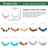 24Pcs 12 Styles Natural & Synthetic Mixed Gemstone Chip Beaded Wine Glass Charms, Brass Hoop Earrings, 30~34mm, Pin: 0.8mm, 2pcs/style