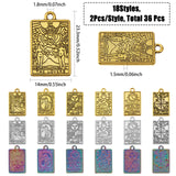 36Pcs 18 Style Zinc Alloy Pendants, Rectangle with Tarot Charm, Mixed Color, 23.3~23.5x14~14.5x1.5mm, Hole: 1.8mm, 2pcs/style