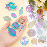 32Pcs 16 Style Ion Plating(IP) 201 Stainless Steel Filigree Pendants, Etched Metal Embellishments, Leaf & Flower & Tree of Life & Flat Round, Rainbow Color, 2pcs/style