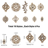 60Pcs 10 Style Alloy Links Connectors, Flower & Flat Round & Leaf & Chinese Bowknot, Antique Bronze, 6pcs/style