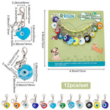 12Pcs Heart/Flat Round with Evil Eye Lampwork Pendant Decorations, Lobster Claw Clasps Charms, Clip-on Charms, Alloy Cat Paw Charms, for Pet Ornament, Mixed Color, 30~33mm